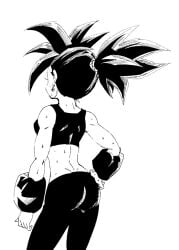 1girls back_muscles back_view big_ass black_and_white black_hair dragon_ball dragon_ball_super earrings eyelashes female fenyon fit_female gym_uniform hairband hand_on_hip kefla muscles ponytail saiyan saiyan_girl sweat sweatdrop sweating sweaty topwear training white_background