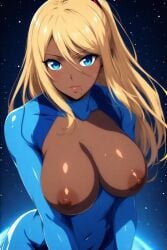 1girls ai ai_generated alternate_skin_color anime_style blonde_hair blue_eyes breasts breasts_out brown_nipples dark-skinned_female dark_skin female female_focus female_only looking_at_viewer metroid mole mole_under_mouth nintendo nipples ponytail quinzo11 samus_aran self_upload shiny_breasts space zero_suit_samus