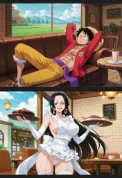 big_breasts black_hair blue_eyes boa_hancock busty earrings female male monkey_d_luffy one_piece thick_thighs white_panties