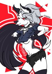 1girls anthro breasts canine ear_piercing ears female furry furry_female grey_body grey_fur grey_hair hellhound helluva_boss long_hair looking_at_viewer loona_(helluva_boss) red_sclera tail two_tone_body two_tone_fur two_tone_tail white_body white_eyes white_fur wolf wolf_girl