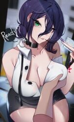 1girls chainsaw_man choker condom grabbing_another's_breast grabbing_breasts groping groping_breasts inminent_sex large_breasts lia_alluree licking_lips looking_at_viewer purple_hair purple_nails reze_(chainsaw_man) speech_bubble tagme