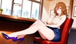ahoge ai_generated bare_shoulders beige_open-chest_sweater beige_ribbed_sweater beige_sweater boosterred99 brown_hair cleavage cleavage_cutout clothing_cutout covered_nipples dark_blue_skirt from_below full_body hair_between_eyes heels high_heels high_school_dxd illustrious_(stable_diffusion) large_breasts legs medium_hair meme_attire naughty_face outdoors pencil_skirt pony_diffusion_xl purple_eyes reach restaurant sitting sleeveless street thighs turtleneck venelana_gremory