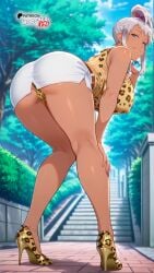 ai_generated akaza_chacha ass ass_focus belt blue_eyes boosterred99 breasts dark-skinned_female female from_behind from_behind_position from_below full_body fully_clothed grey_hair huge_breasts illustrious_(stable_diffusion) legs leopard_print looking_at_viewer maken-ki! outdoors park pencil_skirt penis pony_diffusion_xl ponytail seductive_smile short_hair skirt sleeveless standing street sweater turtleneck turtleneck_sweater visible_penis white_shirt
