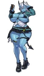 absurdres aged_up alternate_breast_size between_breasts black_bra black_necktie black_shoes black_skirt black_tail blue_jacket blue_oni blue_skin bra breasts breasts_out collared_shirt colored_skin curvy demon_girl demon_horns demon_tail drink female full_body hair_between_eyes highres holding holding_drink horns huge_breasts jacket long_sleeves miniskirt mold001 mold_(pixiv6616319) mole mole_on_breast navel necktie necktie_between_breasts one_eye_closed oni open_clothes open_jacket open_mouth open_shirt orange_eyes pleated_skirt salute shirt shoes short_hair sidelocks simple_background skin-covered_horns skirt smile solo soukaku_(zenless_zone_zero) sticker_on_leg tail thick_thighs thigh_strap thighs underwear white_background white_hair white_shirt zenless_zone_zero