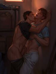 2boys annas_anya ass black_hair black_pants black_shirt blue_skirt brown_hair closed_eyes clothes_lift clothes_pull commentary dicks_out from_side frottage gay gay_male gym_storeroom haikyuu!! highres iwaizumi_hajime lifting_own_clothes lips male_focus male_underwear male_underwear_peek multiple_boys nose oikawa_tooru_(haikyuu!!) open_mouth pants pants_pull penis shirt shirt_lift short_hair short_sleeves skirt standing sunlight teeth toned toned_male underwear white_pants yaoi