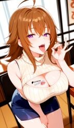 1girls ahoge ai_generated bare_shoulders beige_open-chest_sweater beige_ribbed_sweater beige_sweater big_breasts boosterred99 breasts brown_hair cleavage cleavage_cutout clothing_cutout covered_nipples dark_blue_skirt fellatio_gesture female female_only hair_between_eyes high_school_dxd huge_breasts illustrious_(stable_diffusion) large_breasts light-skinned_female medium_hair meme_attire naughty_face open_mouth outdoors pencil_skirt pony_diffusion_xl purple_eyes reach sleeveless solo street thighs tongue tongue_out turtleneck venelana_gremory