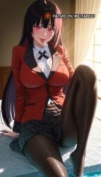 :p ai_generated bed black_hair black_pantyhose blazer blunt_bangs blush breasts collared_shirt feet female hime_cut indoors jabami_yumeko jacket kakegurui knee_up large_breasts legs long_hair long_sleeves looking_at_viewer meitabuu nail_polish no_shoes on_bed pantyhose pleated_skirt red_eyes red_jacket red_nails school_uniform shirt sitting skirt smile soaking_feet solo thighs tongue tongue_out very_long_hair water wet wet_clothes wet_shirt white_shirt window
