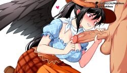 1boy ai_generated black_hair black_wings blue_shirt blush boots breasts brown_boots brown_footwear brown_headwear brown_skirt cleavage clothed_female_nude_male cowboy_hat dairi erection feathered_wings female full_body grin hair_between_eyes handjob hat heart kneeling kurokoma_saki large_breasts large_variant_set lips long_hair looking_at_penis mykibuu nude parody parted_lips penis penis_awe plaid ponytail puffy_short_sleeves puffy_sleeves red_eyes shirt short_sleeves simple_background sitting skirt smile solo_focus straight style_parody sweat tachi-e testicles transparent_background uncensored veins veiny_penis very_long_hair white_background wide-eyed wings