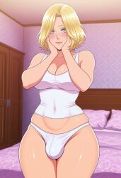 1futa 2d ai_generated anasheya_(style) bare_shoulders bed bedroom blonde_futa blonde_hair blondshell blush blushing_futa breasts bulge covered_navel cowboy_shot futa_only futanari hands_on_own_cheeks human indoors light-skinned_futa light_skin looking_at_viewer medium_hair on_bed panties pillow smile solo tank_top thick_thighs underwear wavy_hair white_panties white_tank_top wide_hips