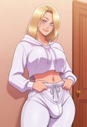 1futa 2d ai_generated anasheya_(style) blonde_futa blonde_hair blondshell blue_eyes breasts bulge cowboy_shot crop_top crop_top_overhang cropped_hoodie door drawstring futa_only futanari hood hood_down human human_only large_breasts light-skinned_futa light_skin long_sleeves midriff smile smiling smiling_at_viewer solo white_hoodie
