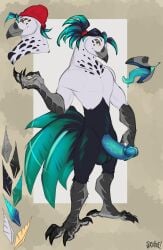 3_toes 5_fingers accessory anthro athletic athletic_anthro athletic_male avian balls beak beanie bird black_body black_feathers blue_penis blue_tail_feathers blue_tongue chicken claws clothing color_swatch erection feathers feet fingers galliform gallus_(genus) genitals glans hair hair_accessory hair_tie hat headgear headwear hi_res jerichoe looking_at_viewer male model_sheet multicolored_body multicolored_feathers muscular muscular_anthro muscular_male open_beak open_mouth penis phasianid simple_background slade_(dragonmate7) solo tied_hair toe_claws toes tongue two_tone_feather_hair two_tone_tail_feathers vein veiny_penis white_body white_feathers yellow_sclera