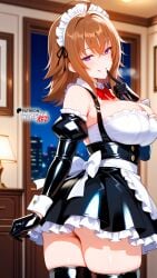 ahoge ai_generated ass ass_focus bedroom big_breasts black_thighhighs boosterred99 bow bowtie breasts brown_hair cleavage clothing earrings female female_only frilled_skirt from_behind from_behind_position hair_between_eyes high_school_dxd huge_breasts illustrious_(stable_diffusion) indoors large_breasts latex latex_gloves long_sleeves maid maid_apron maid_headdress maid_outfit maid_uniform medium_hair naughty_face navel night pony_diffusion_xl puffy_sleeves purple_eyes red_bow seductive_look seductive_smile shiny_clothes thick_thighs thighs tubetop venelana_gremory waist_apron wing_collar wrist_cuffs