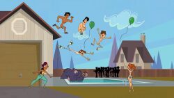 ai_upscaled canonical_scene cartoon cock cody_(tdi) edit harold_(tdi) jumping justin_(tdi) male male_only naked penis public_exposure public_indecency public_nudity screenshot screenshot_edit the_drama_brothers total_drama_island trent_(tdi)
