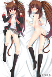 1girls animal_ears ass blush brown_hair butt_plug_tail buttplug buttplug_tail cat_ears cat_tail dakimakura dragon_(dakemakura) female flat_chest kneepits little_busters! long_hair lying natsume_rin navel nipples on_back on_stomach open_clothes panties ponytail red_eyes school_uniform socks solo tail tied_hair uncensored underwear untied