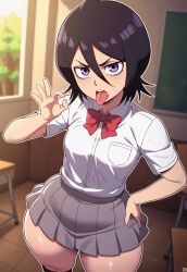 1girls ai_generated angry bleach fellatio_gesture female female_only kuchiki_rukia school_uniform schoolgirl schoolgirl_uniform short_hair shortstack solo thick_thighs