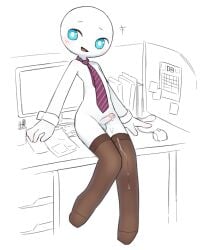 1boy blush cum cum_on_thighs ejaculation embarrassed_nude_femboy femboy gay monochromatic_skin naked_thighhighs office office_uniform penis sitting sitting_on_desk stickman thighhighs tie tosx