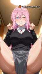 ai_generated black_sweater blue_eyes blush breasts clenched_hands collared_shirt female grey_skirt grin hair_between_eyes hair_ribbon indoors kawaii_dake_ja_nai_shikimori-san large_breasts long_hair long_sleeves looking_at_viewer meitabuu neck_ribbon one_eye_closed pink_hair pleated_skirt red_ribbon ribbon school_uniform shikimori_miyako shirt sitting skirt smile solo spread_legs squatting sweater teeth thighs white_shirt