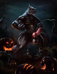 abs animal_genitalia animal_penis anthro balls beard black_balls black_body black_fur canid canine canine_genitalia canine_penis canis erection facial_hair fangs food front_view fruit fur genitals hi_res knot looking_at_viewer male male_anthro mammal muscular muscular_anthro muscular_male mythological_canine mythological_creature mythology night nude pecs penis pink_penis plant pumpkin satanic_monkey solo standing teeth werecanid werecanine werecreature werewolf wolf yellow_eyes