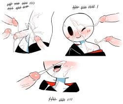 1boy blush bukkake cum cum_in_mouth cum_on_face cum_on_penis disembodied_penis femboy gay hoodie monochromatic_skin penis stickman tallies thighhighs tosx