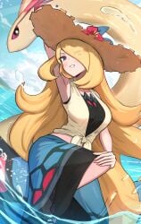 absurdres arm_up armpits bikini bikini_under_clothes blonde_hair blue_sarong breasts brown_hat covered_navel crop_top cynthia_(pokemon) cynthia_(summer_2025)_(pokemon) female flower flower_hat gen_3_pokemon gonzarez grey_eyes hair_over_one_eye hat hat_flower highres large_breasts long_hair milotic navel nintendo official_alternate_costume outdoors pokemon pokemon_(creature) pokemon_masters_ex sarong shirt sky smile solo straw_hat sun_hat swimsuit tied_shirt very_long_hair water