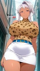 ai_generated akaza_chacha belt blue_eyes boosterred99 dark-skinned_female female from_below grey_hair huge_breasts illustrious_(stable_diffusion) leopard_print looking_at_viewer maken-ki! outdoors pencil_skirt pony_diffusion_xl ponytail seductive_smile short_hair skirt sleeveless standing street sweater turtleneck turtleneck_sweater white_shirt