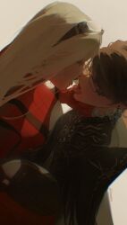 2girls after_kiss bayonetta bayonetta_(character) bayonetta_2 black_clothing black_hair breasts clothed clothed_female couple curvy curvy_female earrings embrace embracing eyewear_on_head female female/female female_focus female_only french_kiss french_kissing glasses glasses_on_head hi_res high_resolution highres hiroshi jeanne_(bayonetta) kissing light-skinned_female light_skin lipstick long_hair mature mature_female milf mole mole_on_face mole_under_mouth multiple_girls nintendo open_mouth platinum_games red_clothing red_lipstick romantic saliva saliva_string saliva_trail short_hair sunglasses sunglasses_on_head tongue tongue_kiss tongue_out voluptuous white_hair yuri