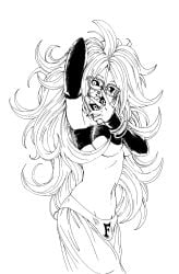 android_21 arm_up armpits belly belly_button black_and_white black_fingernails black_nail_polish black_nails black_sclera dragon_ball dragon_ball_fighterz exposed_belly fenyon long_hair looking_at_viewer majin_android_21 mirror_selfie picture pink_skin red_ribbon_army_symbol smartphone taking_picture underboob white_background white_hair