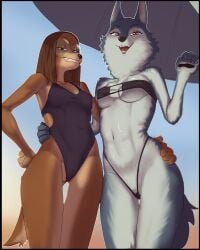 2girls 4:5 absurd_res anthro beach_umbrella big_glasses bikini breasts brown_body brown_fur camel_toe canid canine canis clothed clothing domestic_dog duo ears eyewear female front_view fur furry glasses grey_body grey_fur grin hater_lly hi_res hunting_dog illumination_entertainment looking_at_viewer mammal one-piece_swimsuit parasol porsha_crystal pussy pussy_floss round_glasses saluki sighthound sing_(movie) skimpy slim slim_anthro slim_female smile suki_lane swimwear thigh_gap two-piece_swimsuit two_tone_body two_tone_fur vulva wearing_glasses wolf wolf_girl