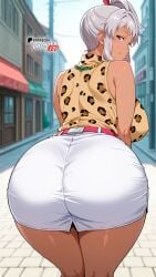 ai_generated akaza_chacha ass belt blue_eyes boosterred99 dark-skinned_female female from_behind from_behind_position grey_hair gyaru huge_breasts illustrious_(stable_diffusion) leaning_forward leopard_print looking_at_viewer maken-ki! milf outdoors pencil_skirt pony_diffusion_xl ponytail seductive_smile short_hair skirt sleeveless standing street sweater turtleneck turtleneck_sweater white_shirt