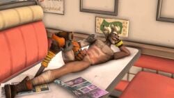 australian blonde_hair hand_on_penis handjob junkrat male masturbation muscular muscular_male naked overwatch penis prosthetic_arm prosthetic_leg self_pleasure smug solo solo_focus solo_male tan_lines tan_skin