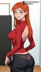 ai_generated artist_name ass back back_cutout backless_outfit ben_10 black_skirt blurry blurry_background blush breasts butt_crack clothes_pull clothing_cutout collared_shirt female from_behind green_eyes grin gwen_tennyson gwen_tennyson_(classic) indoors large_breasts lips long_hair long_sleeves looking_at_viewer looking_back median_furrow mykibuu orange_hair panties pants pantyhose parted_lips patreon_username red_shirt shirt skirt skirt_pull smile solo teeth underwear web_address wooden_floor