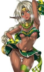 aisha_clanclan armpits ass_visible_through_thighs bell belly_button blush breasts cheerleader cheerleader_uniform dark-skinned_female dark_skin exposed_breasts exposed_torso green_clothing green_eyes grey_hair large_ears long_hair macaroni_hourensou microskirt miniskirt nipples oerba_yun_fang outlaw_star panties pom_poms revealing_clothes shirt_lift shirt_up side-tie_panties smile thigh_strap thong torso underwear wide_hips