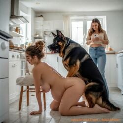 ai_generated artist_malikamiller bestiality big_breasts canine caucasian_female cellphone doggy_style female german_shepherd hair_bun kitchen passionate_sex pregnant pregnant_belly pregnant_female pregnant_sex rottweiler shy zoophilia