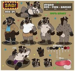 absurd_res angry animal_genitalia animal_penis anthro armpit_hair badger balls birthmark black_nipples black_nose black_pawpads bodily_fluids body_hair boots border bottomwear brown_body brown_fur brown_hair bulge canid canine canine_genitalia canine_penis chains claws clothed clothing collar cowboy_boots cowboy_hat cowboy_outfit digital_media_(artwork) ear_piercing english_text erection eyewear feet flower footwear front_view fur genitals glasses hair harness hat headgear headwear hi_res hybrid hyena knot legwear looking_at_viewer male mammal markings model_sheet muscular musk musk_clouds musky_armpit mustelid musteline navel nipples nude open_mouth pawpads pecs penis piercing plant rear_view red_eyes ring_piercing rose_(flower) sabi_(woofington_gator) seductive sheath shirt shoes shorts silly simple_background slightly_chubby slightly_chubby_anthro slightly_chubby_male smile solo spots spotted_body spotted_fur spotted_hyena sweat tail text tongue topwear underwear vest wet wet_clothing wet_underwear white_border white_clothing white_shirt white_topwear woofington_gator
