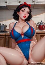 ai_generated arms_behind_back bangs bare_shoulders black_hair blue_leotard blush bow breasts brown_eyes cameltoe cleavage clothing collarbone covered_navel curly_hair curvaceous disney female female female_only hair_ornament hair_ribbon hairband hairbow headwear highleg highleg_leotard indoors jousneystudio kettle kitchen large_breasts leotard lips lipstick looking_to_the_side makeup parted_lips partially_visible_vulva red_bow red_hairband red_lips ribbon shiny_skin short_hair sitting snow_white_(disney) snow_white_and_the_seven_dwarfs solo spread_legs stove thick_thighs thighs