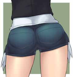 ass ass_focus black_jacket blue_shorts commentary_request exposed_pocket female from_behind green_background highres hilda_(pokemon) jacket m.m nintendo pokemon pokemon_bw shirt short_shorts shorts solo two-tone_background white_background white_shirt