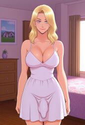 1futa 2d ai_generated anasheya_(style) arms_at_sides bed blonde_futa blonde_hair blonde_hair_blue_eyes blondshell blue_eyes breasts bulge cleavage clenched_hand curtains earrings erection erection_under_clothes futa_only futanari indoors large_breasts light-skinned_futa light_skin long_hair looking_at_viewer penis smile smiling smiling_at_viewer solo sundress testicles white_sundress window