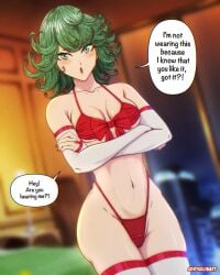big_thighs breasts curvaceous curvaceous_female curvaceous_figure curvy curvy_figure curvy_hips fat_ass female female_only green_hair lingerie looking_at_viewer one-punch_man ryuujinart short_hair shortstack solo solo_female tatsumaki valentine's_day
