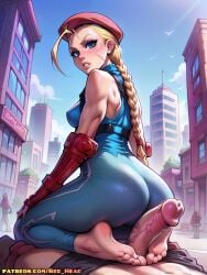 1boy 1girls ai_generated big_ass big_penis blonde_hair breasts cammy_white city foot_fetish red_head_zero street_fighter