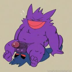 ai_generated annoyed_expression ball_worship balls balls_on_face ballsack big_belly big_penis cleaning evil_grin facesitting feet gay gay_domination gay_incest gengar incest laying_back licking_balls pokemon pokemon_(species) pokephilia sitting_on_face sitting_on_person worship