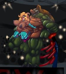 absurd_res angelbreed anthro arwa arwa_(radvengence) big_breasts blonde_hair bovid breasts caprine clothed clothing dark_nipples duo ejaculation fighting_ring fur genitals goat green_eyes gynomorph hair hands-free hi_res intersex male mammal muscular muscular_male penis sex size_difference stomach_bulge wavy_hair wrestling