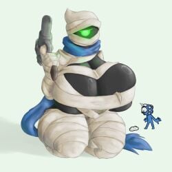 1girls 2025 ambiguous_gender ass bandage bandages big_breasts black_body black_skin blue_body blue_scarf blue_skin breasts clothed eyes_(nuclear_throne) female garbatch green_eyes gun hi_res huge_breasts maggot maggot_(nuclear_throne) nuclear_throne partially_clothed rebel_(nuclear_throne) revolver scarf sitting thick_thighs thighs weapon