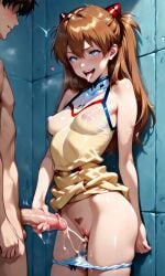 ahe_gao ai_generated asuka_langley_sohryu cum_in_panties masturbating_other nipples_visible_through_clothing panties_down yellow_dress