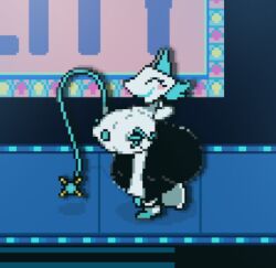 big_ass big_breasts blue_hair boob_window bush cat_ears catgirl deltarune deltarune_chapter_2 eyes_closed fat_ass fat_boobs massive_breasts missing_tail pixel_art robot_girl sillyjuices smug_face spiked_whip tasque_manager_(deltarune) weapon whip white_robe