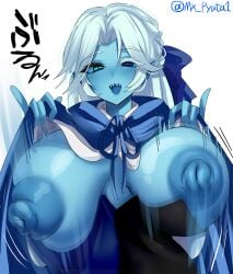 big_breasts blue_skin breasts cookie_run female heterochromia huge_breasts jiggling_breasts lady_in_azure_(shadow_milk_cookie) long_hair looking_at_viewer mx_pyuta1 partially_clothed shadow_milk_cookie white_hair