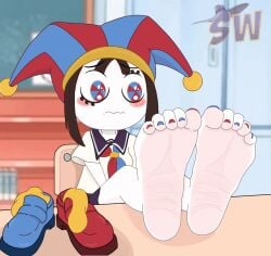 2d absurdres animated animated anime_style barefoot blue_toenail_polish clown_girl discarded_shoes discarded_socks embarrassed_female feet feet_together feet_up foot_fetish foot_focus foot_on_table foot_worship footwear_removed highres jester_girl jester_hat nervous_female pale-skinned_female pomni_(the_amazing_digital_circus) presenting_feet red_toenail_polish school_desk school_uniform schoolgirl schoolgirl_uniform sexy_feet shadowind3000 shoes_off shoes_removed showing_feet shy_expression socks_removed soles soles_fetish the_amazing_digital_circus toe_scrunch toes