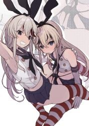 2boys animal_ears armpits bare_shoulders bikini black_bikini black_hair black_ribbon blonde_hair blue_eyes blue_skirt closed_mouth crossdressing crossdressing_(mtf) elbow_gloves erection gloves hand_up highres kantai_collection kyantama_land looking_at_viewer micro_bikini miniskirt multiple_boys rabbit_ears red_hair red_thighhighs ribbon shimakaze-kun shimakaze_(kancolle) shirt skirt smile striped_clothes striped_thighhighs swimsuit thighhighs trap white_background white_gloves white_shirt wig
