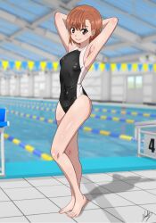 1girls 2020s 2023 armpits arms_behind_head artist_signature bare_hips bare_legs bare_shoulders barefoot blush breasts brown_eyes brown_hair collarbone competition_school_swimsuit competition_swimsuit cute female full_body hi_res hips indoors matching_hair/eyes misaka_mikoto nashdnash2007 one-piece_swimsuit poolside pose posing_for_the_viewer revision school_swimsuit schoolgirl shadow short_hair small_breasts smile smiling_at_viewer solo standing teenage_girl teenager to_aru_kagaku_no_railgun to_aru_majutsu_no_index toes young young_female