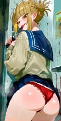 1girls absurdres ass bags_under_eyes blonde_hair blood bloody_weapon blue_sailor_collar blue_skirt blunt_bangs boku_no_hero_academia cardigan double_bun female grey_cardigan hair_bun highres himiko_toga holding holding_knife knife looking_at_viewer messy_hair my_hero_academia panties red_panties redrawn sailor_collar sidelocks skirt solo tongue tongue_out underwear weapon yellow_eyes zd_(pixiv6210083)