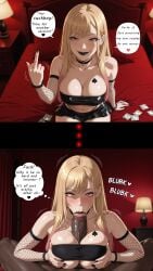 1boy 1girls :>= ai_generated bandeau bed bedroom bitchy blacked blonde_hair blowjob blowjob_face blush breasts cheating cheating_girlfriend cleavage cleavage_cutout condom condoms cosplay cuckold cuckolding dark-skinned_male determined female fishnet fishnet_armwear fishnets grabbing heart human interracial japanese_female kitagawa_marin light-skinned_female light_skin makeup male microskirt middle_finger multicolored_hair nail_polish netorare ntr paizufella paizuri paizuri_lead_by_female paizuri_under_clothes penis perfect_body piercing pink_eyes pov pov_eye_contact queen_of_spades saliva_drip saliva_trail seductive seductive_look selfie skirt sono_bisque_doll_wa_koi_wo_suru stable_diffusion strapless sucking sucking_penis sucking_tip text text_bubble vooluxx